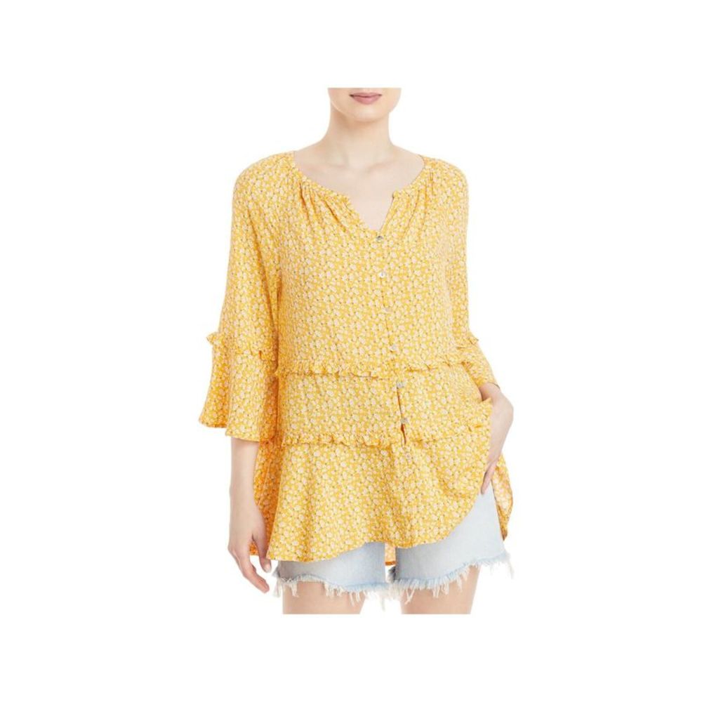 BEACHLUNCHLOUNGE COLLECTION Womens Yellow Ruffled Tiered Split Button Up Top M